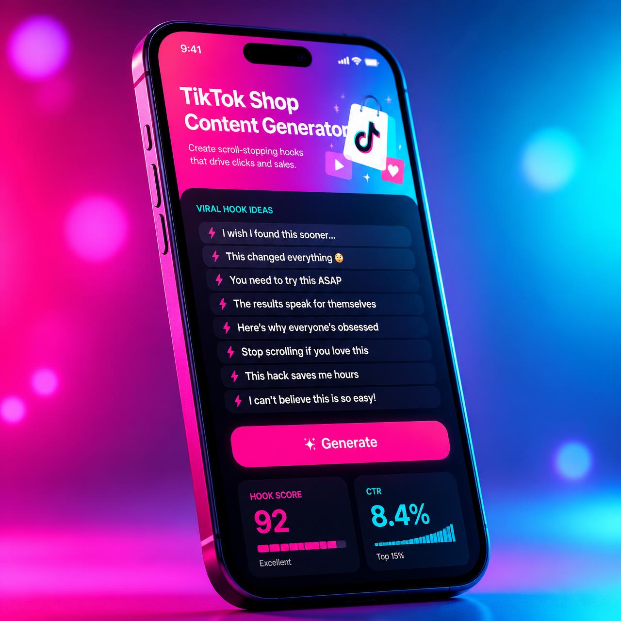 HookMojo app generating viral TikTok Shop hooks on iPhone